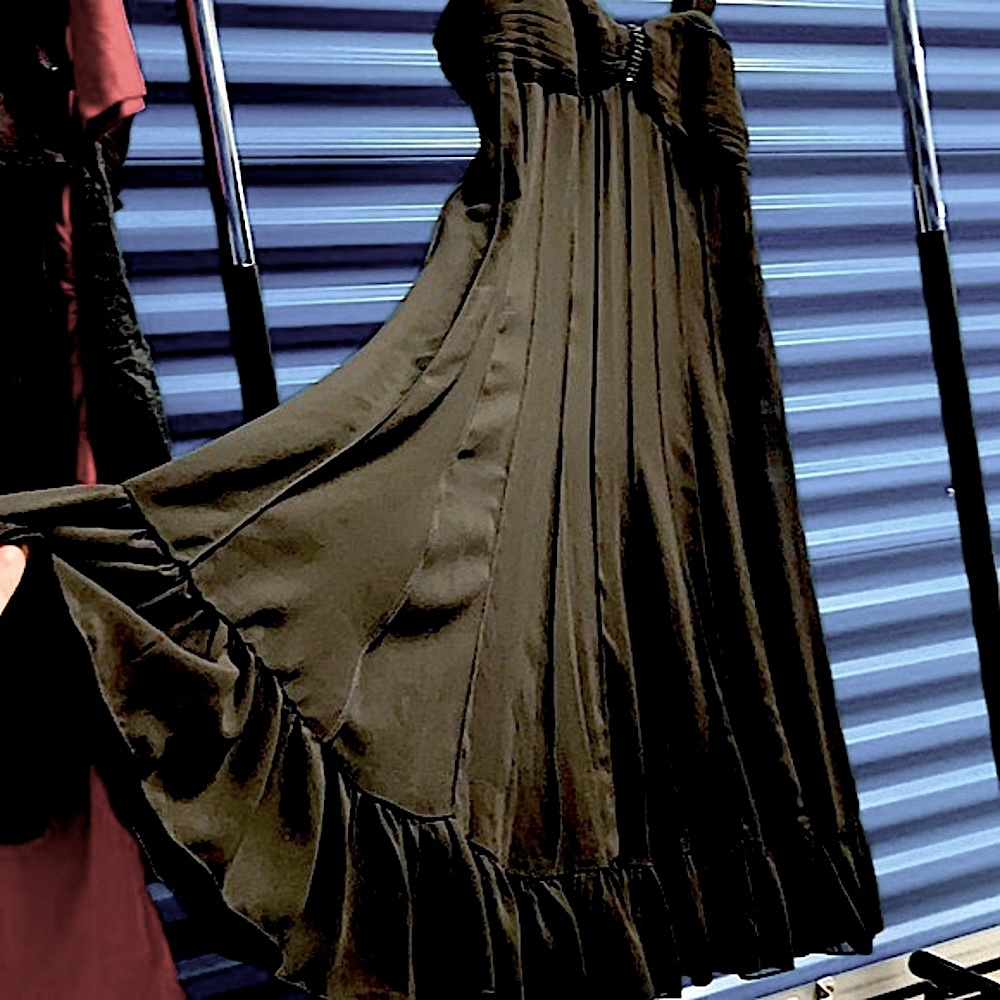 Sharp & Tightly Pleated Crystal Embellished Black Evening Gown w/ Sheer Layers
